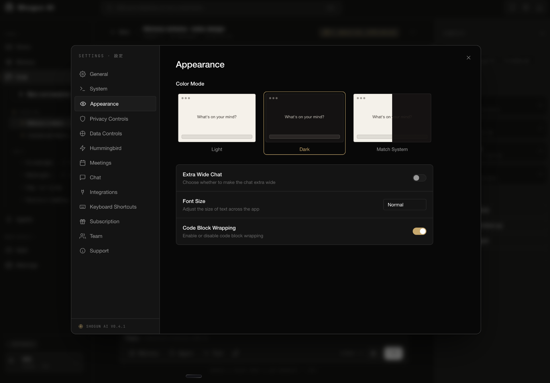 Settings — Appearance & Privacy